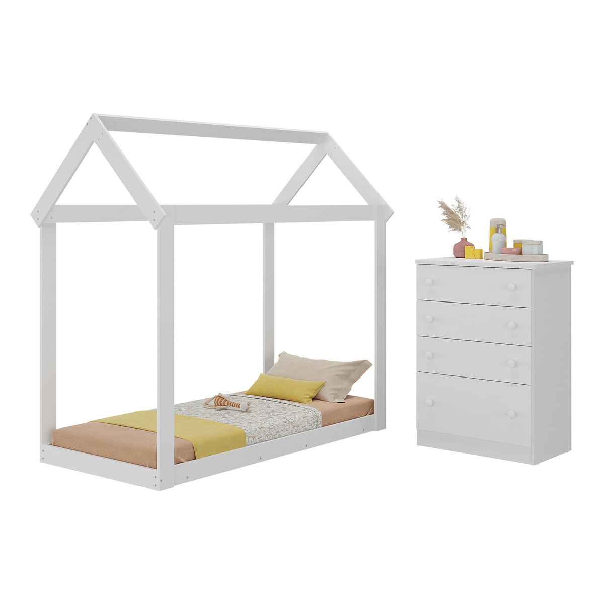 Encontraproduto.com.br - Quarto Infantil com Cama Montessoriana/Colchão/Cômoda Flex João e Maria Multimóveis MX4274 Branco