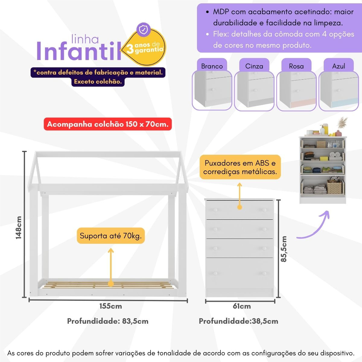 Encontraproduto.com.br - Quarto Infantil com Cama Montessoriana/Colchão/Cômoda Flex João e Maria Multimóveis MX4274 Branco