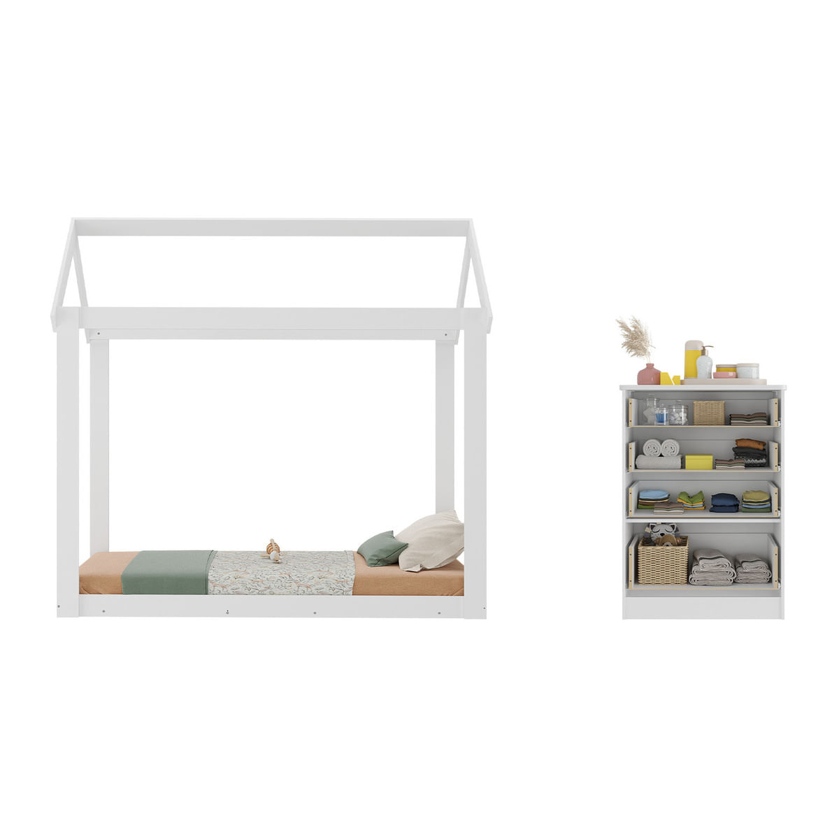 Encontraproduto.com.br - Quarto Infantil com Cama Montessoriana/Colchão/Cômoda Flex João e Maria Multimóveis MX4274 Branco