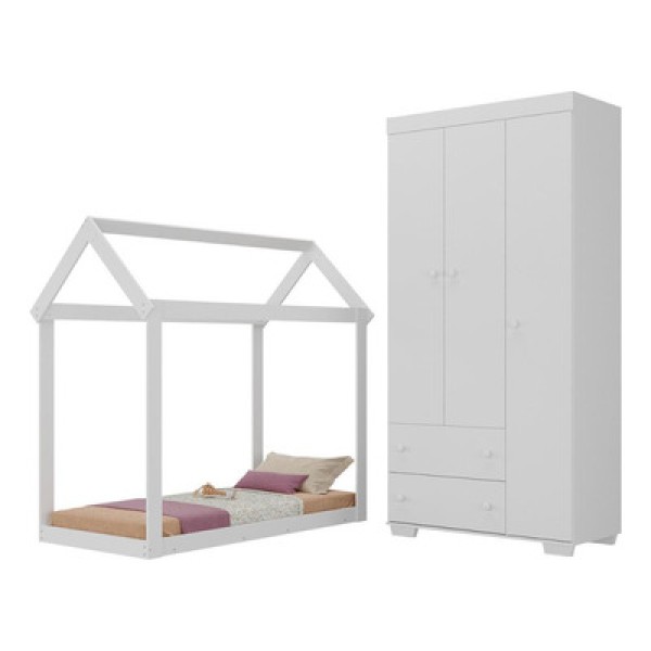 Encontraproduto.com.br - Quarto Infantil com Cama Montessoriana/Colchão/Guarda-Roupas Algodão Doce Multimóveis MX4276
