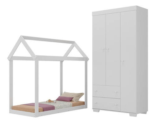 Quarto Infantil com Cama Montessoriana/Colchão/Guarda-Roupas Algodão Doce Multimóveis MX4276