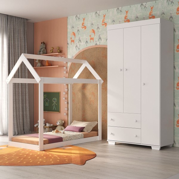 Encontraproduto.com.br - Quarto Infantil com Cama Montessoriana/Colchão/Guarda-Roupas Algodão Doce Multimóveis MX4276