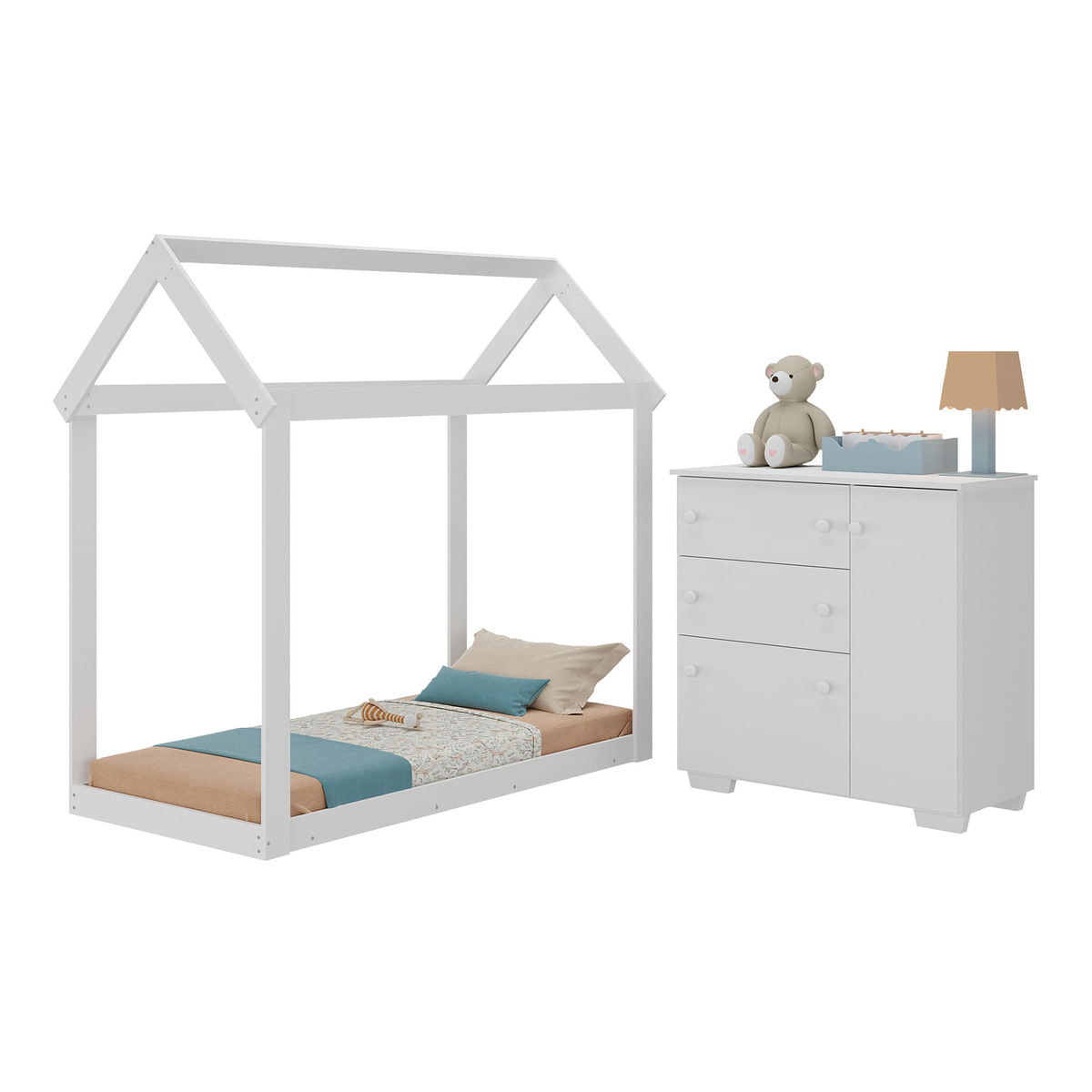 Encontraproduto.com.br - Quarto Infantil com Cama Montessoriana e Cômoda Flex Algodão Doce Multimóveis MX4277