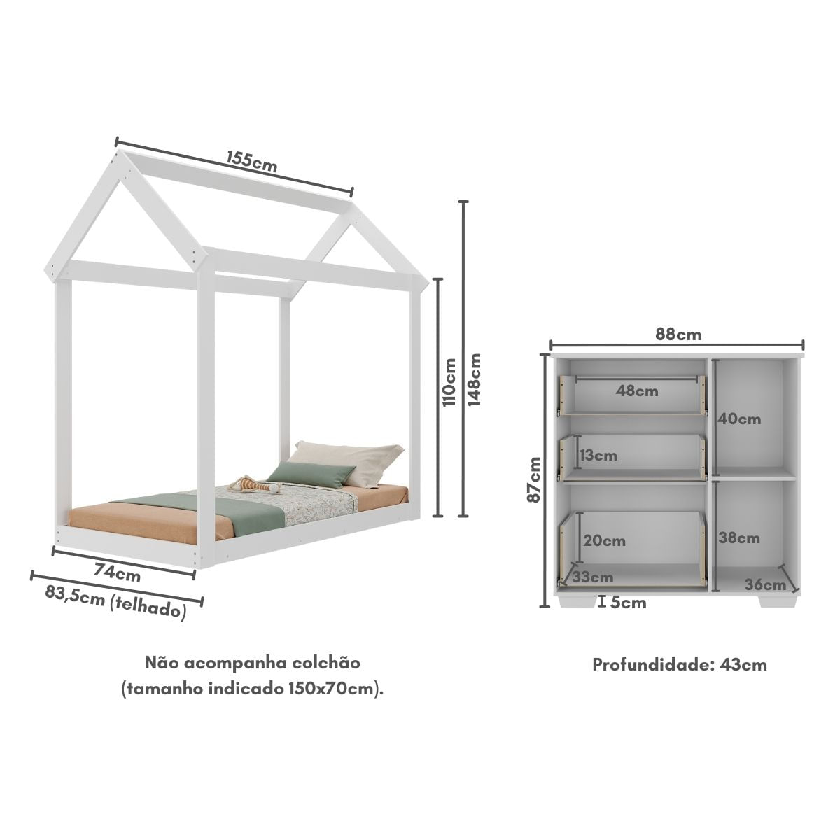 Encontraproduto.com.br - Quarto Infantil com Cama Montessoriana e Cômoda Flex Algodão Doce Multimóveis MX4277