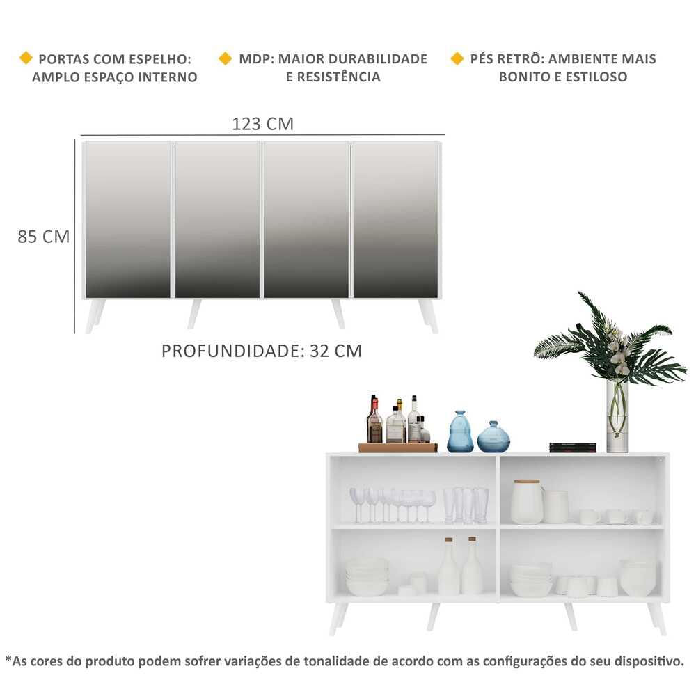 Encontraproduto.com.br - Aparador Buffet 4 Ptas c/ Espelho e Pés Retrô Vegas Multimóveis Branco