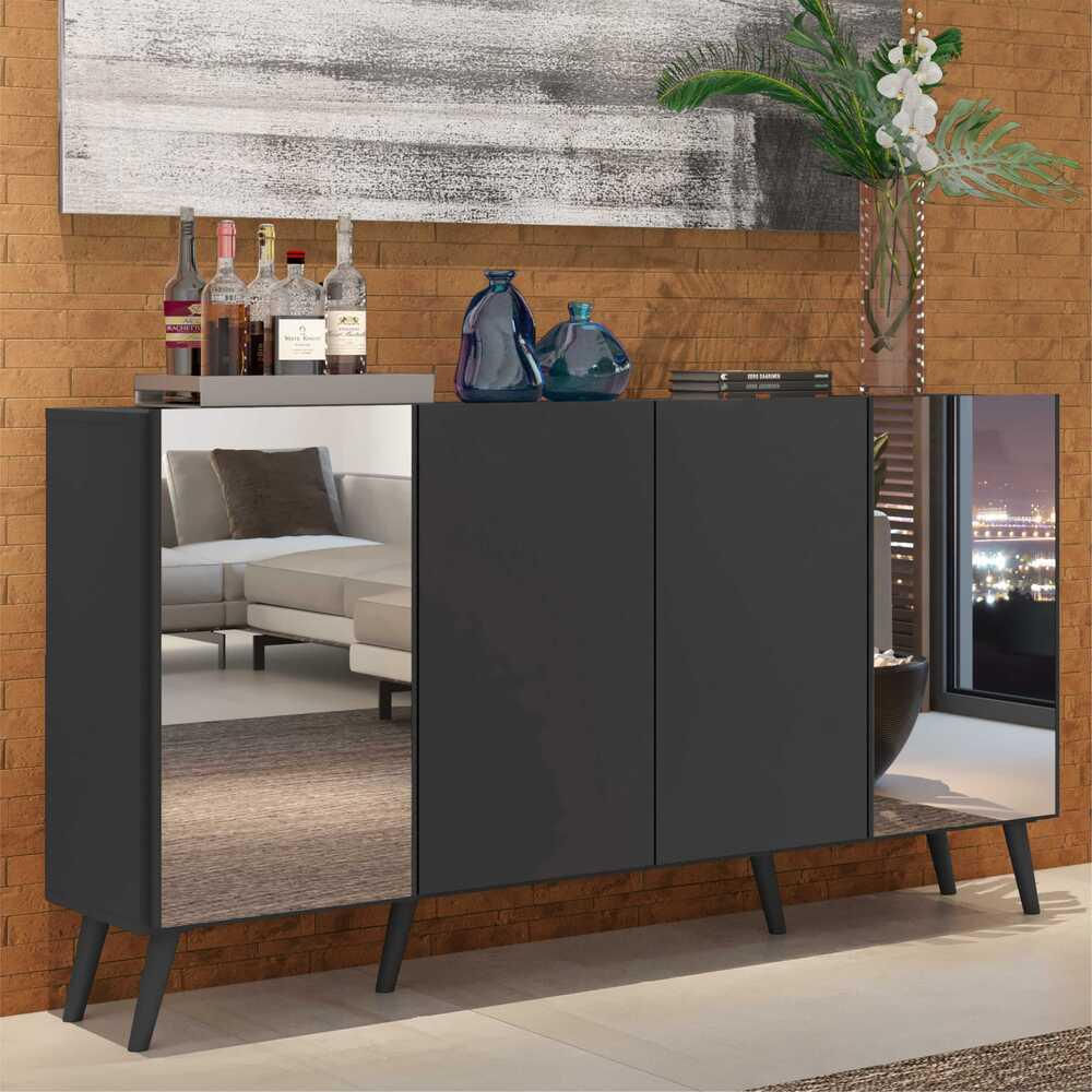 Encontraproduto.com.br - Aparador Buffet com Espelho e Pés Retrô Vegas Multimóveis Preto