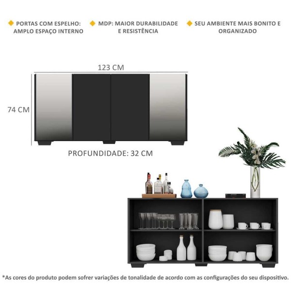 Encontraproduto.com.br - Aparador Buffet com Espelho e Pés Quadrados Vegas Multimóveis Preto