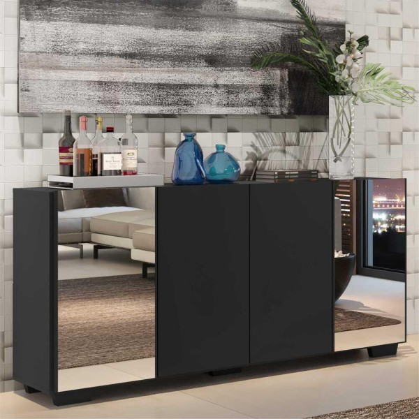 Encontraproduto.com.br - Aparador Buffet com Espelho e Pés Quadrados Vegas Multimóveis Preto