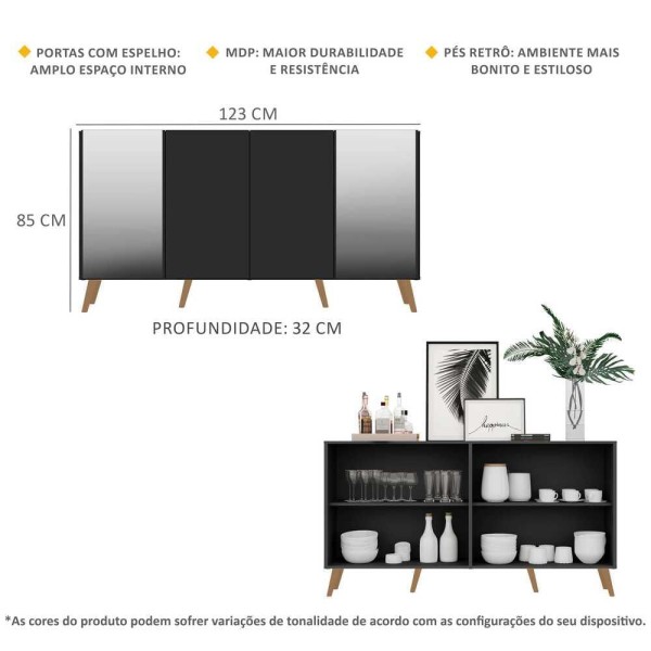 Encontraproduto.com.br - Aparador Buffet com Espelho e Pés Retrô Vegas Multimóveis Preto/Natural