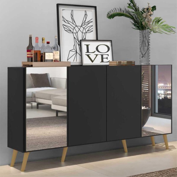 Encontraproduto.com.br - Aparador Buffet com Espelho e Pés Retrô Vegas Multimóveis Preto/Natural