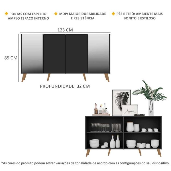 Encontraproduto.com.br - Aparador Buffet com Espelho e Pés Retrô Vegas Multimóveis Preto/Natural