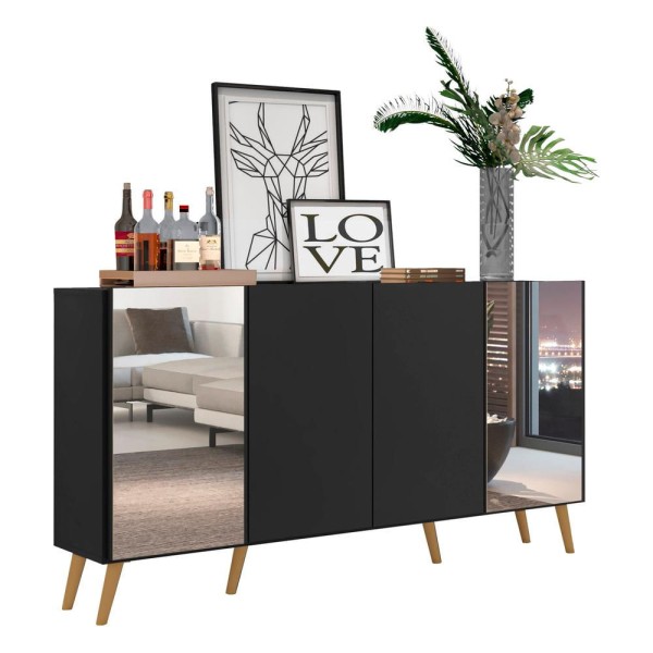 Encontraproduto.com.br - Aparador Buffet com Espelho e Pés Retrô Vegas Multimóveis Preto/Natural