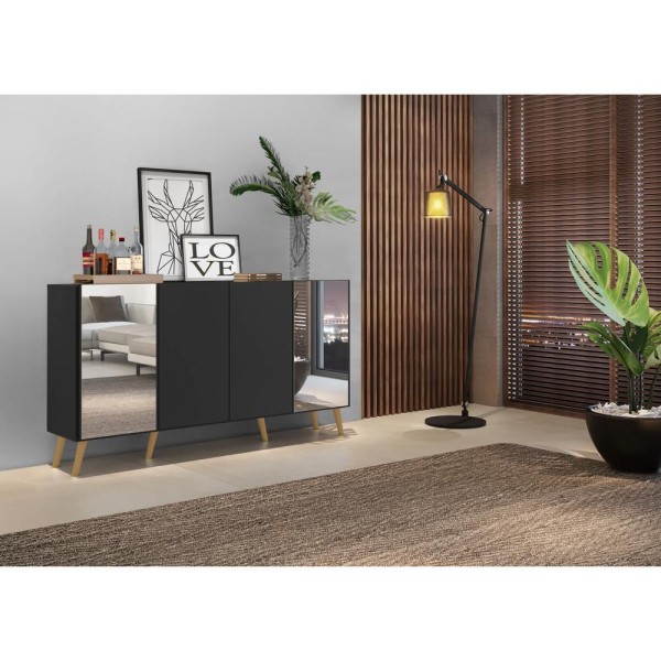 Encontraproduto.com.br - Aparador Buffet com Espelho e Pés Retrô Vegas Multimóveis Preto/Natural