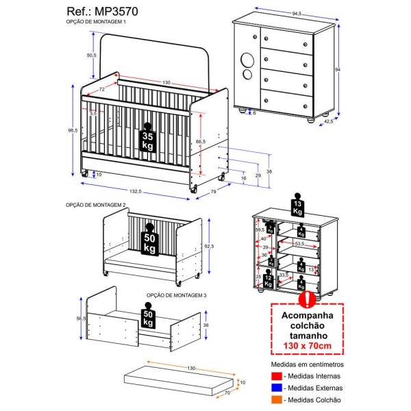 Encontraproduto.com.br - Quarto Infantil Berço com Colchão Incluso e Cômoda Pimpolho Multimóveis Branco