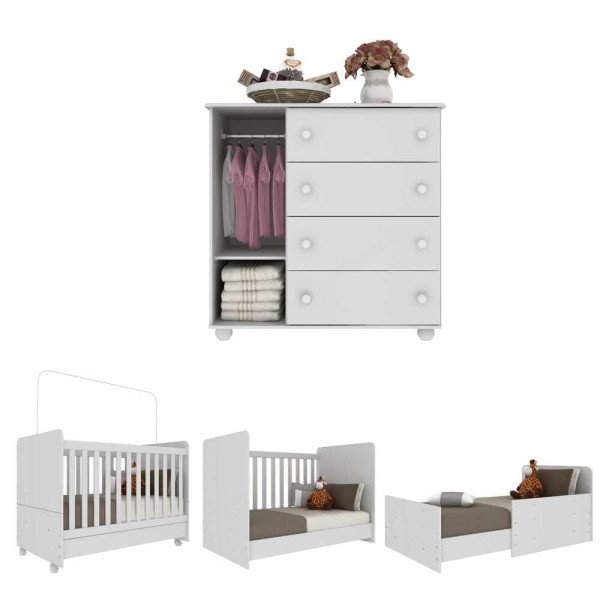 Encontraproduto.com.br - Quarto Infantil Berço com Colchão Incluso e Cômoda Pimpolho Multimóveis Branco
