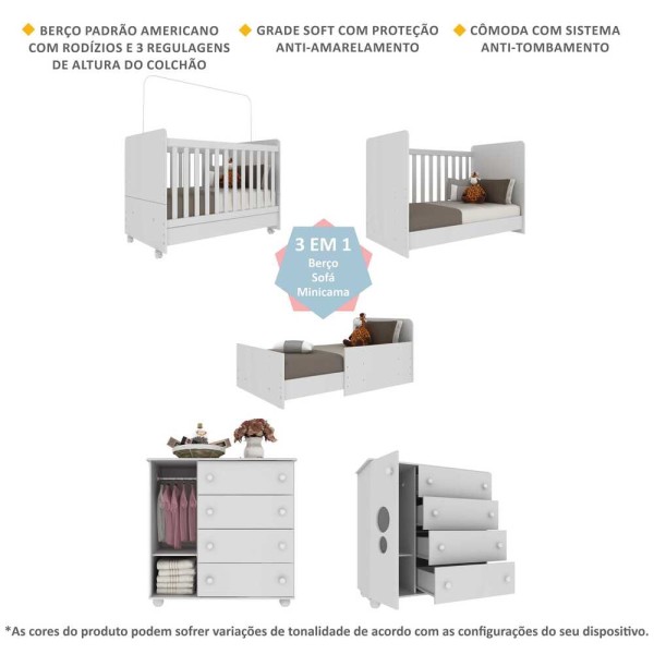 Encontraproduto.com.br - Quarto Infantil Berço com Colchão Incluso e Cômoda Pimpolho Multimóveis Branco