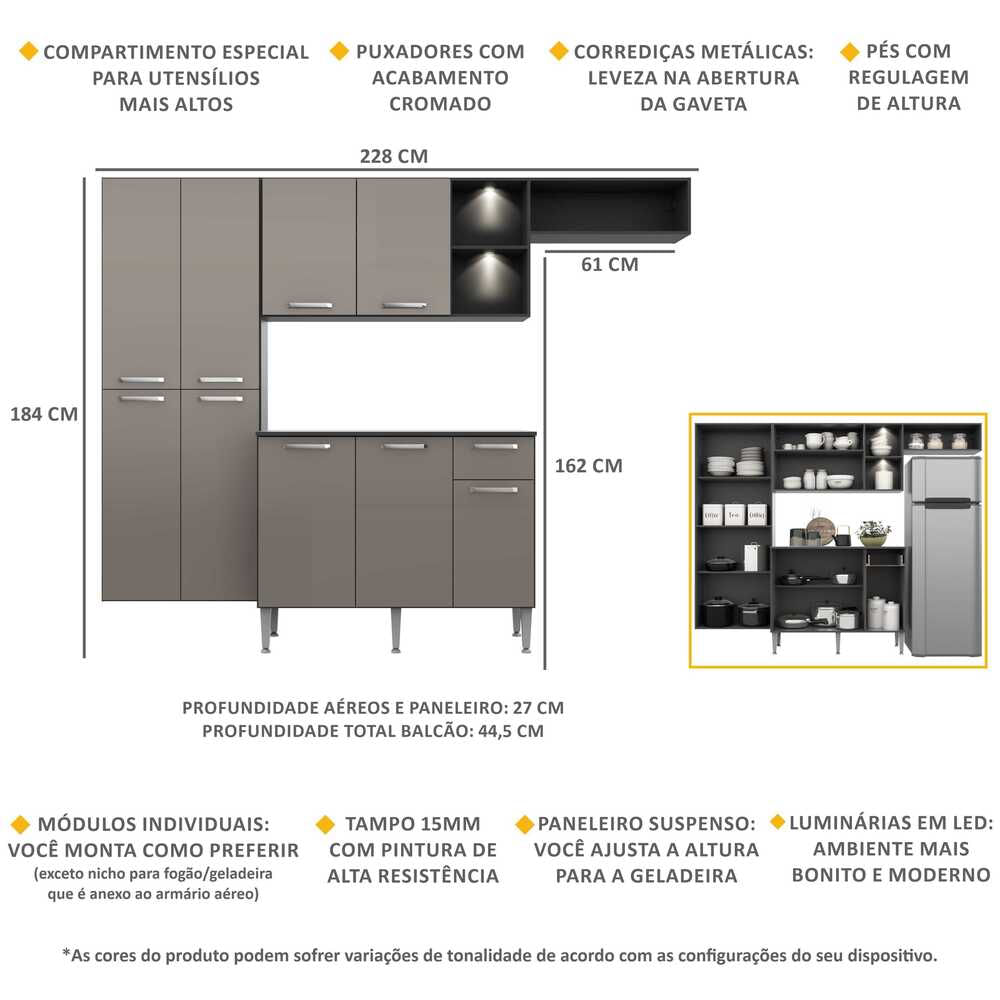 Encontraproduto.com.br - Cozinha Compacta com Armário e Balcão com Tampo Pequim Sun