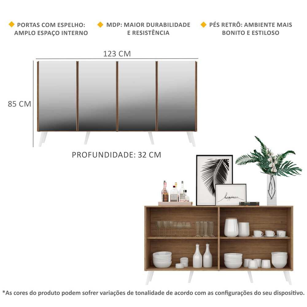 Encontraproduto.com.br - Aparador Buffet 4 portas com Espelho e Pés Retrô Vegas Multimóveis Rustic/Branco