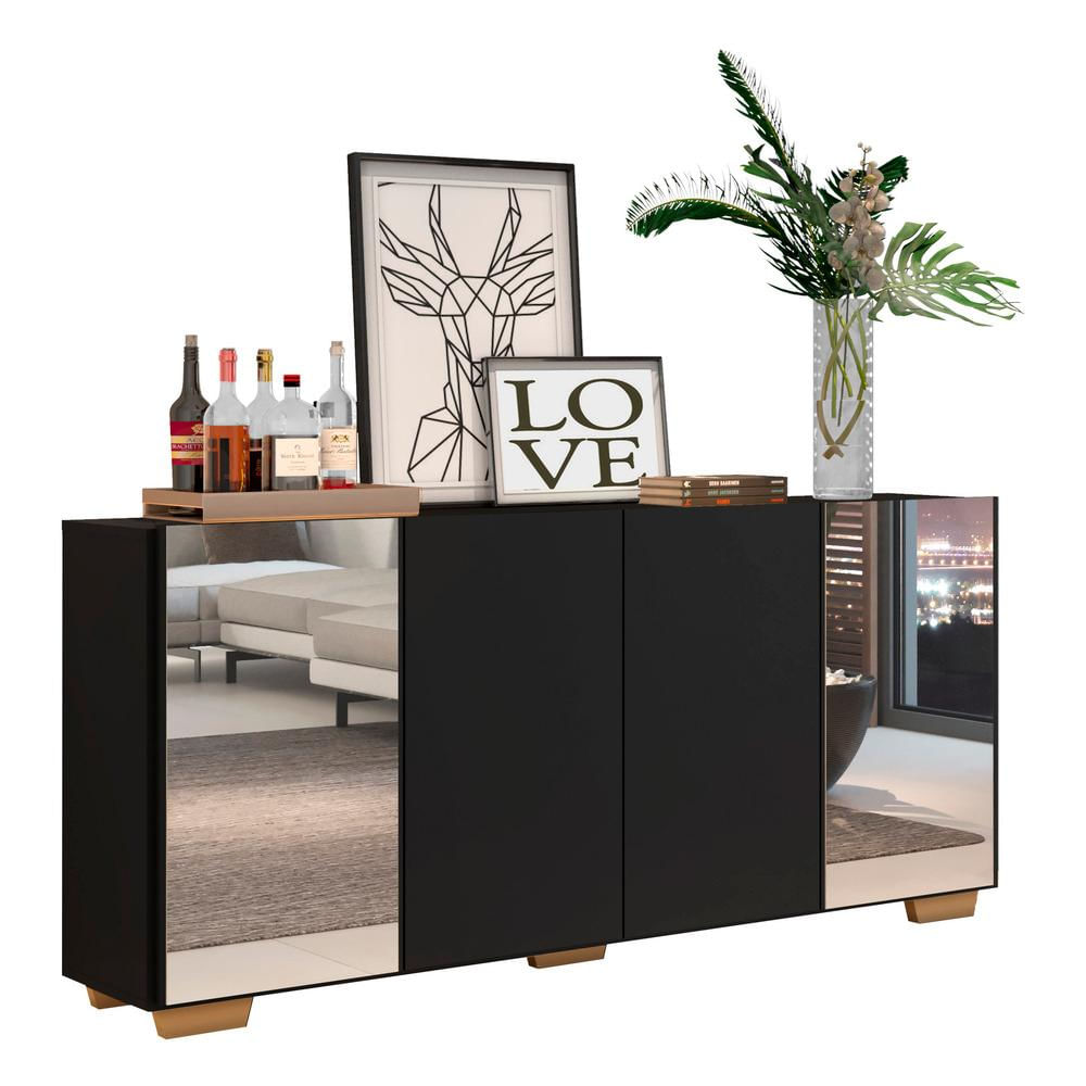 Encontraproduto.com.br - Aparador Buffet com Espelho e Pés Quadrados Vegas Multimóveis Preto/Natural