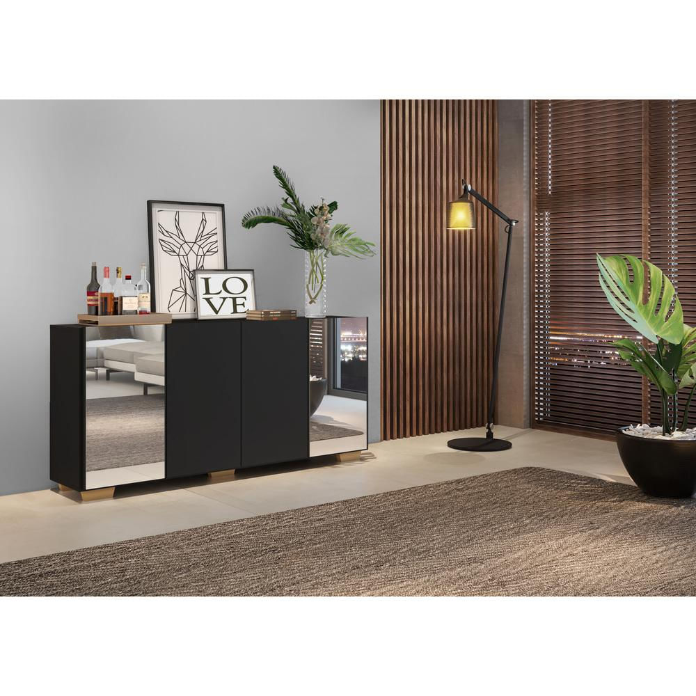 Encontraproduto.com.br - Aparador Buffet com Espelho e Pés Quadrados Vegas Multimóveis Preto/Natural