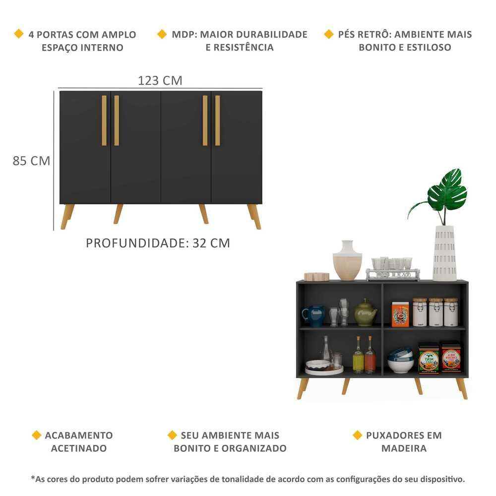 Encontraproduto.com.br - Aparador Buffet 4 Portas com Pés Retrô Viena Multimóveis Preto/Natural