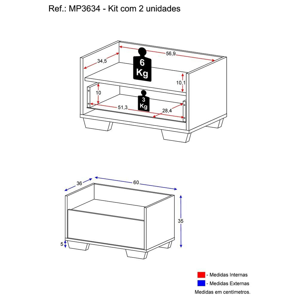 Encontraproduto.com.br - Kit com 2 Mesas de Cabeceira 60 cm com Pés Quadrados Multimóveis Preta/Branca
