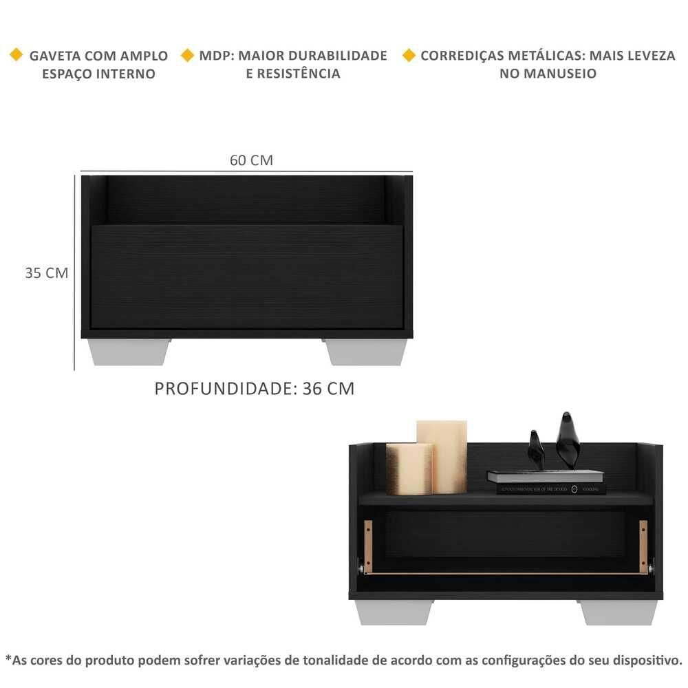 Encontraproduto.com.br - Kit com 2 Mesas de Cabeceira 60 cm com Pés Quadrados Multimóveis Preta/Branca