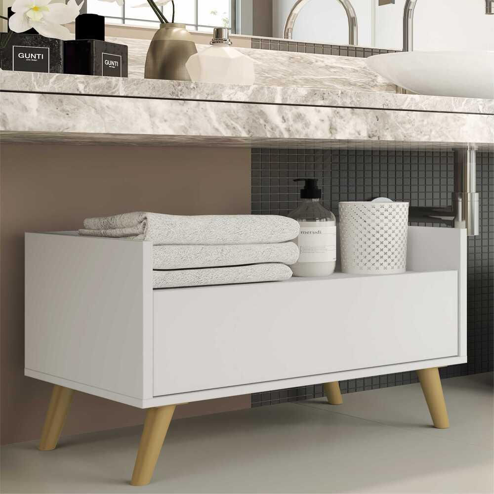 Encontraproduto.com.br - Gabinete Balcão Banheiro 80 cm com Pés Retrô Multimóveis Branco/Natural