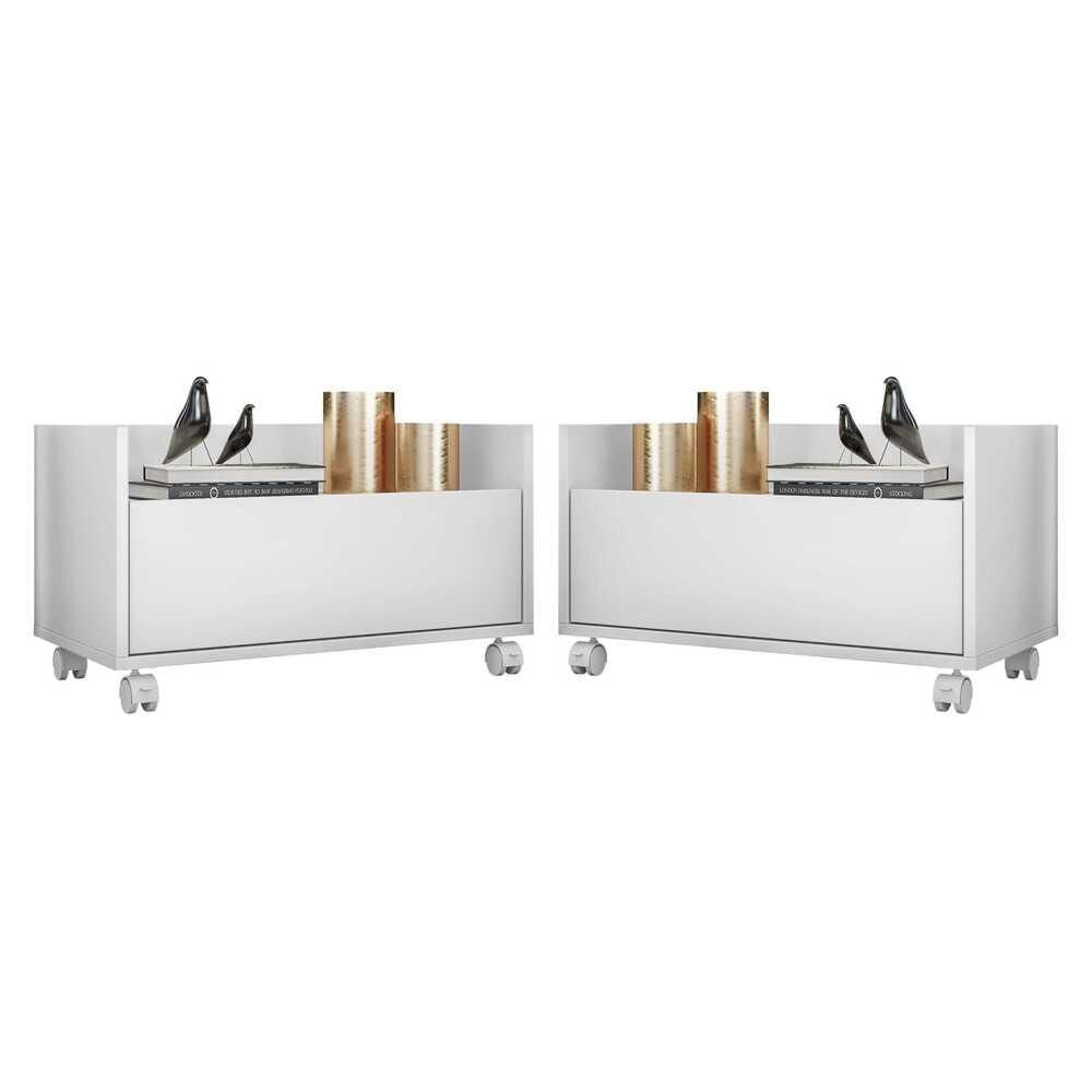 Encontraproduto.com.br - Kit com 2 Mesas de Cabeceira 80 cm com Rodízios Multimóveis Branca