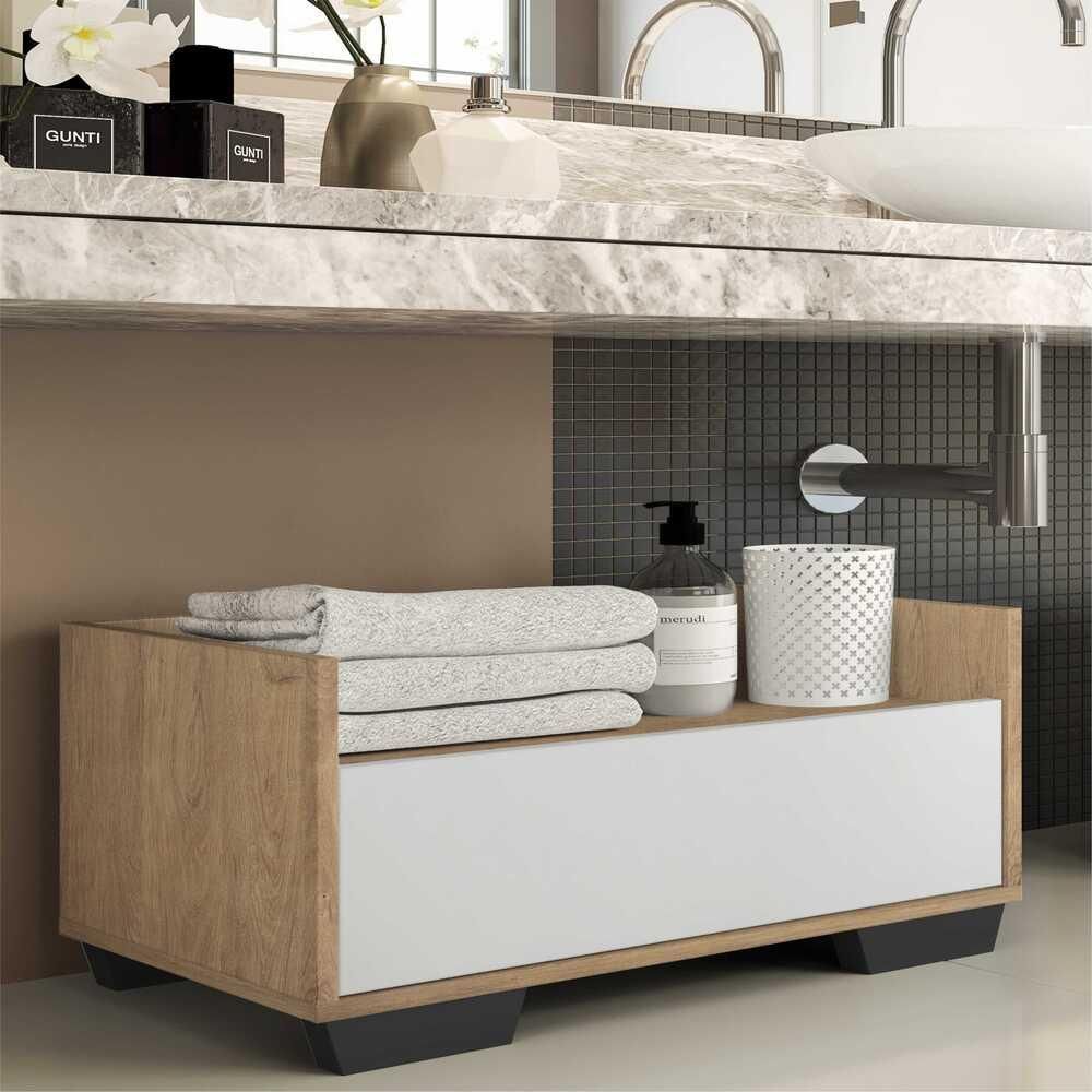 Encontraproduto.com.br - Gabinete Armário Banheiro 80 cm com Pés Quadrados Multimóveis Rustic/Branco/Preto