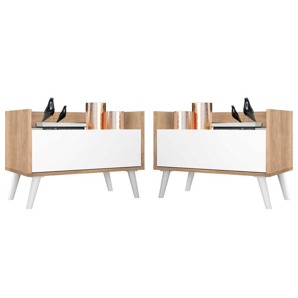 Encontraproduto.com.br - Kit com 2 Mesas de Cabeceira 80 cm com Pés Retrô Multimóveis Rustic/Branco