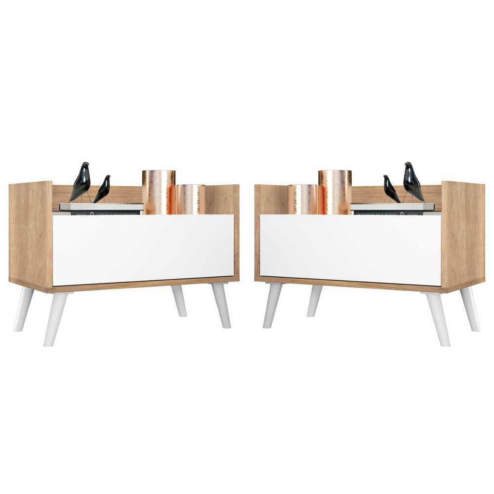 Encontraproduto.com.br - Kit com 2 Mesas de Cabeceira 80 cm com Pés Retrô Multimóveis Rustic/Branco