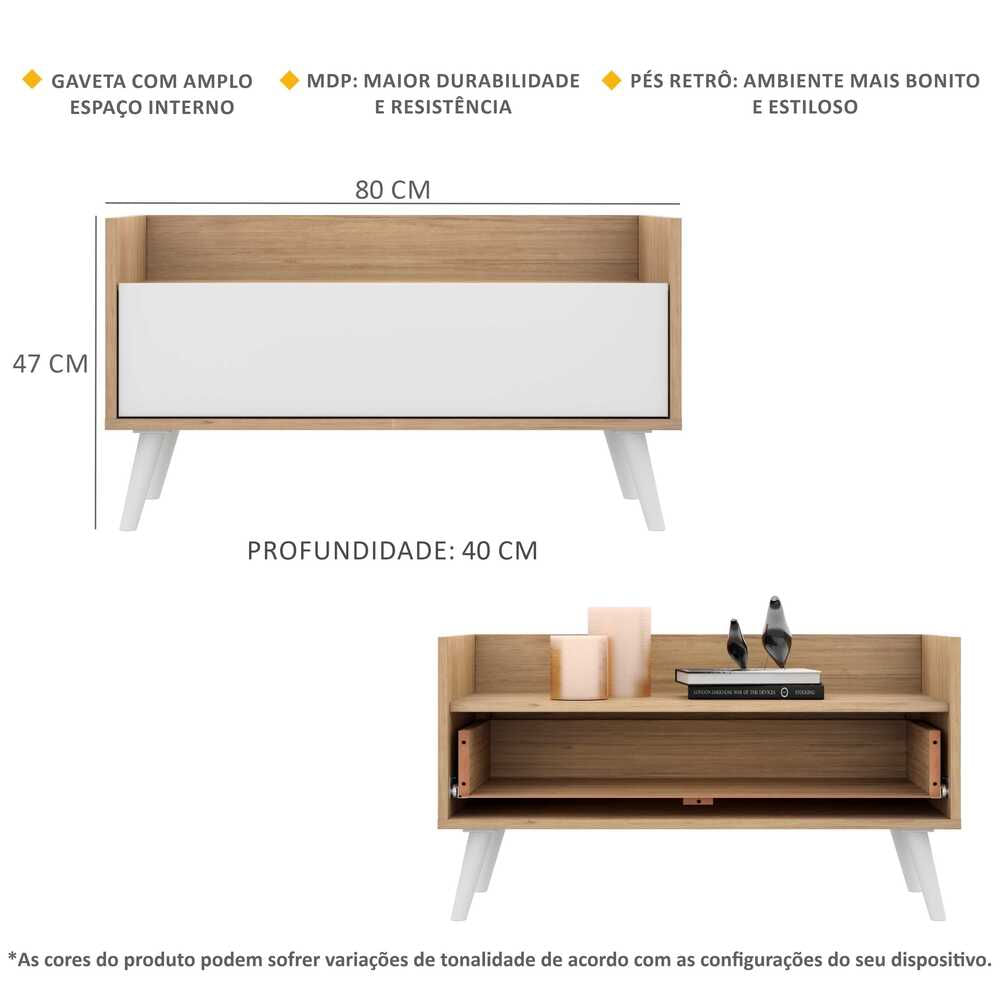 Encontraproduto.com.br - Kit com 2 Mesas de Cabeceira 80 cm com Pés Retrô Multimóveis Rustic/Branco