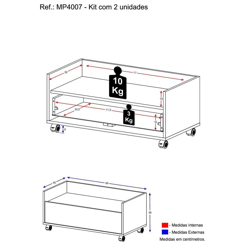 Encontraproduto.com.br - Kit com 2 Mesas de Cabeceira 80 cm com Rodízios Multimóveis Rustic/Branco