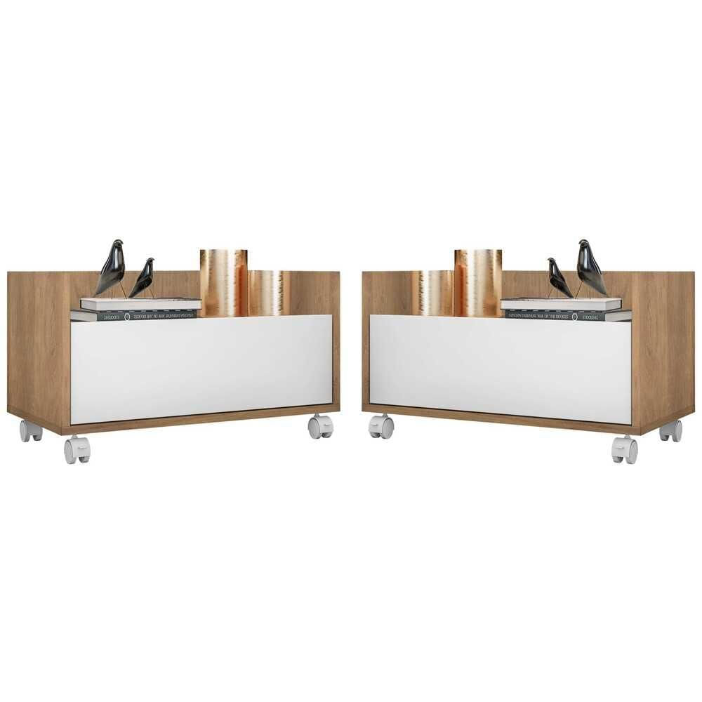 Encontraproduto.com.br - Kit com 2 Mesas de Cabeceira 80 cm com Rodízios Multimóveis Rustic/Branco