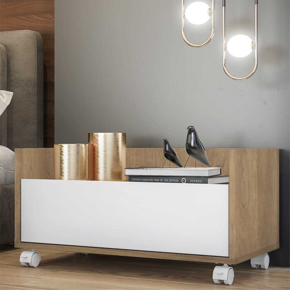 Encontraproduto.com.br - Kit com 2 Mesas de Cabeceira 80 cm com Rodízios Multimóveis Rustic/Branco
