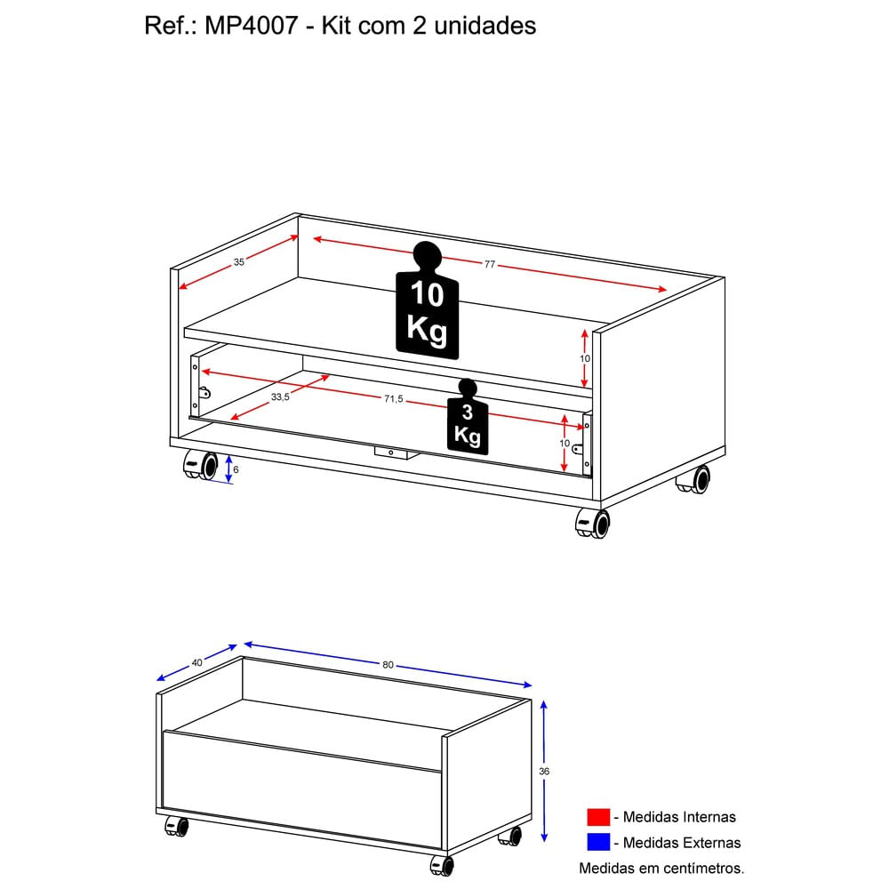 Encontraproduto.com.br - Kit com 2 Mesas de Cabeceira 80 cm com Rodízios Multimóveis Rustic/Branco
