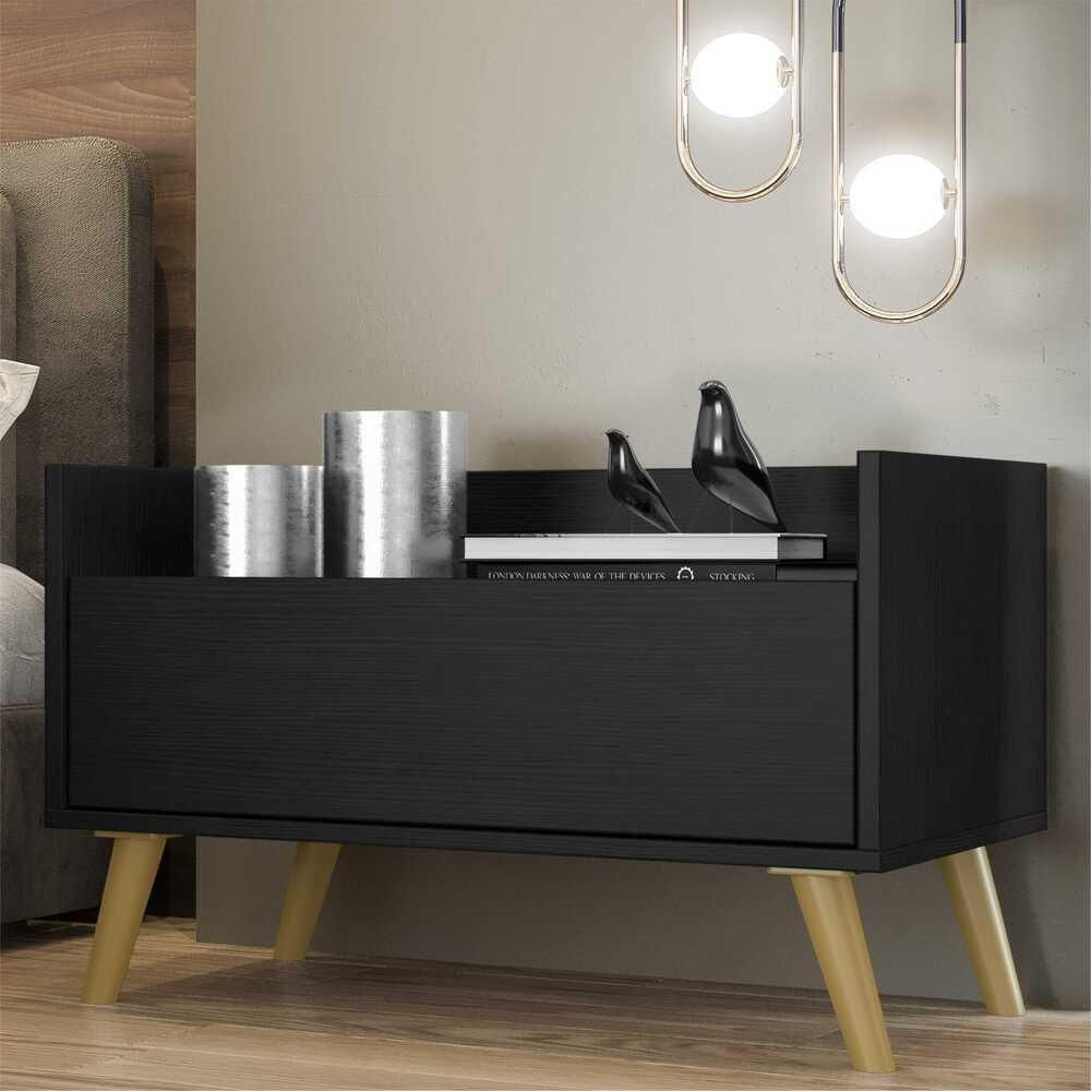 Encontraproduto.com.br - Mesa de Cabeceira 80 cm com Pés Retrô Multimóveis Preta/Natural
