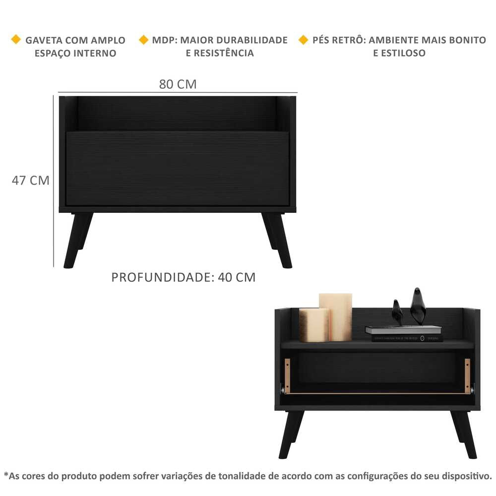 Encontraproduto.com.br - Kit com 2 Mesas de Cabeceira 80 cm com Pés Retrô Multimóveis Preta