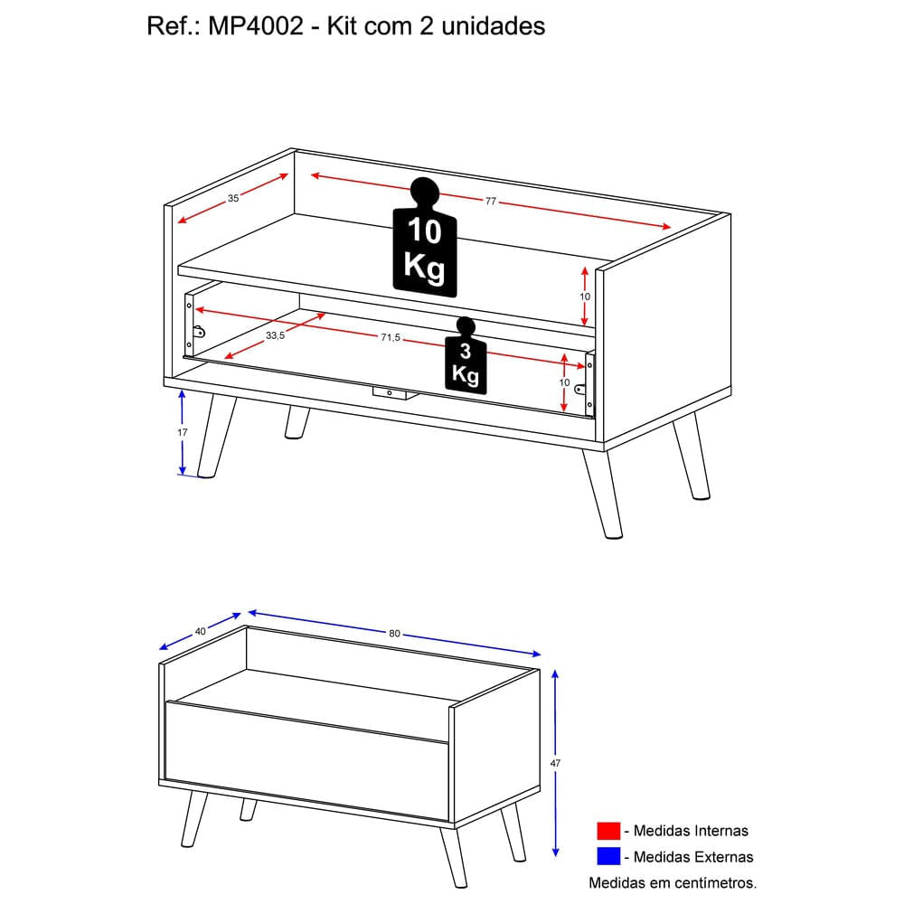 Encontraproduto.com.br - Kit com 2 Mesas de Cabeceira 80 cm com Pés Retrô Multimóveis Preta