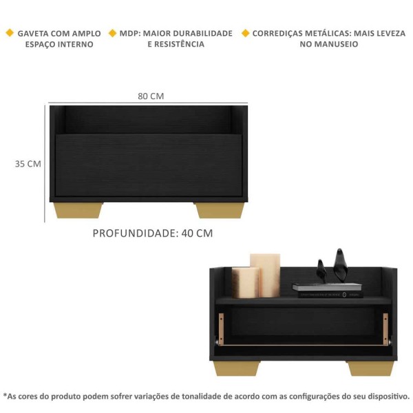 Encontraproduto.com.br - Kit com 2 Mesas de Cabeceira 80 cm com Pés Quadrados Multimóveis Preta/Natural