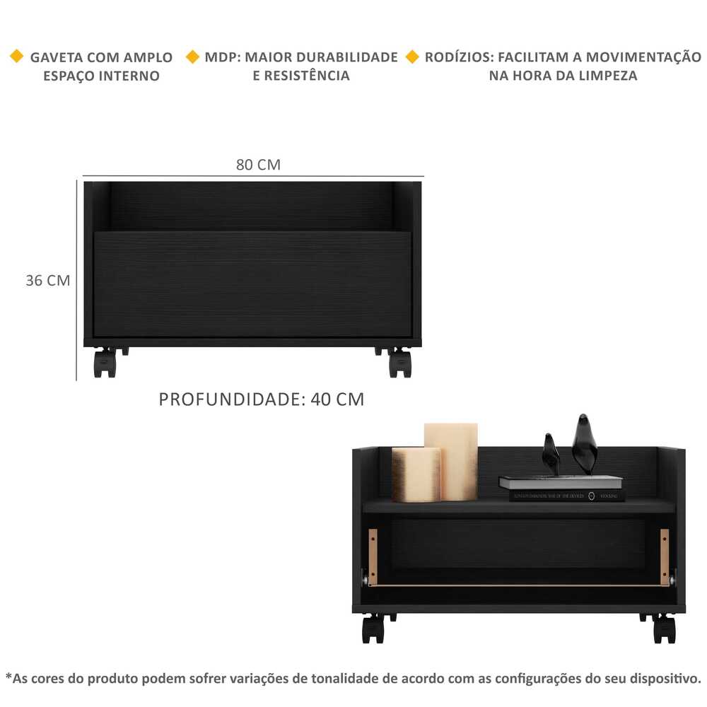Encontraproduto.com.br - Kit com 2 Mesas de Cabeceira 80 cm com Rodízios Multimóveis Preta