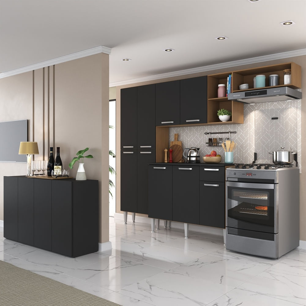 Encontraproduto.com.br - Armário de Cozinha Completa com Buffet/Aparador Paris Multimóveis MP2043 Madeirada/Preta