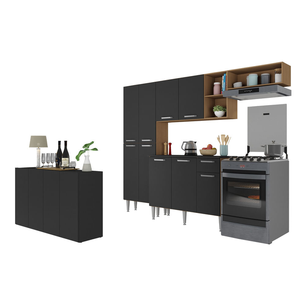 Encontraproduto.com.br - Armário de Cozinha Completa com Buffet/Aparador Paris Multimóveis MP2043 Madeirada/Preta
