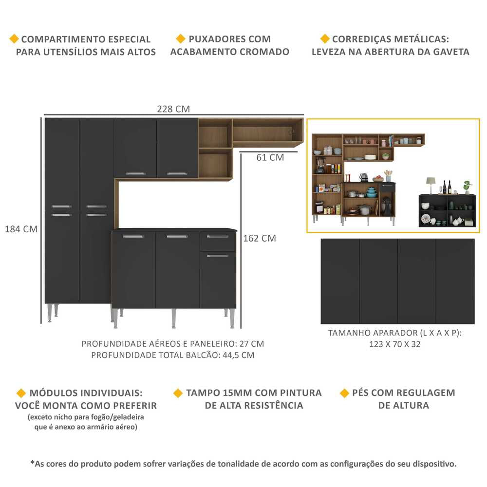 Encontraproduto.com.br - Armário de Cozinha Completa com Buffet/Aparador Paris Multimóveis MP2043 Madeirada/Preta