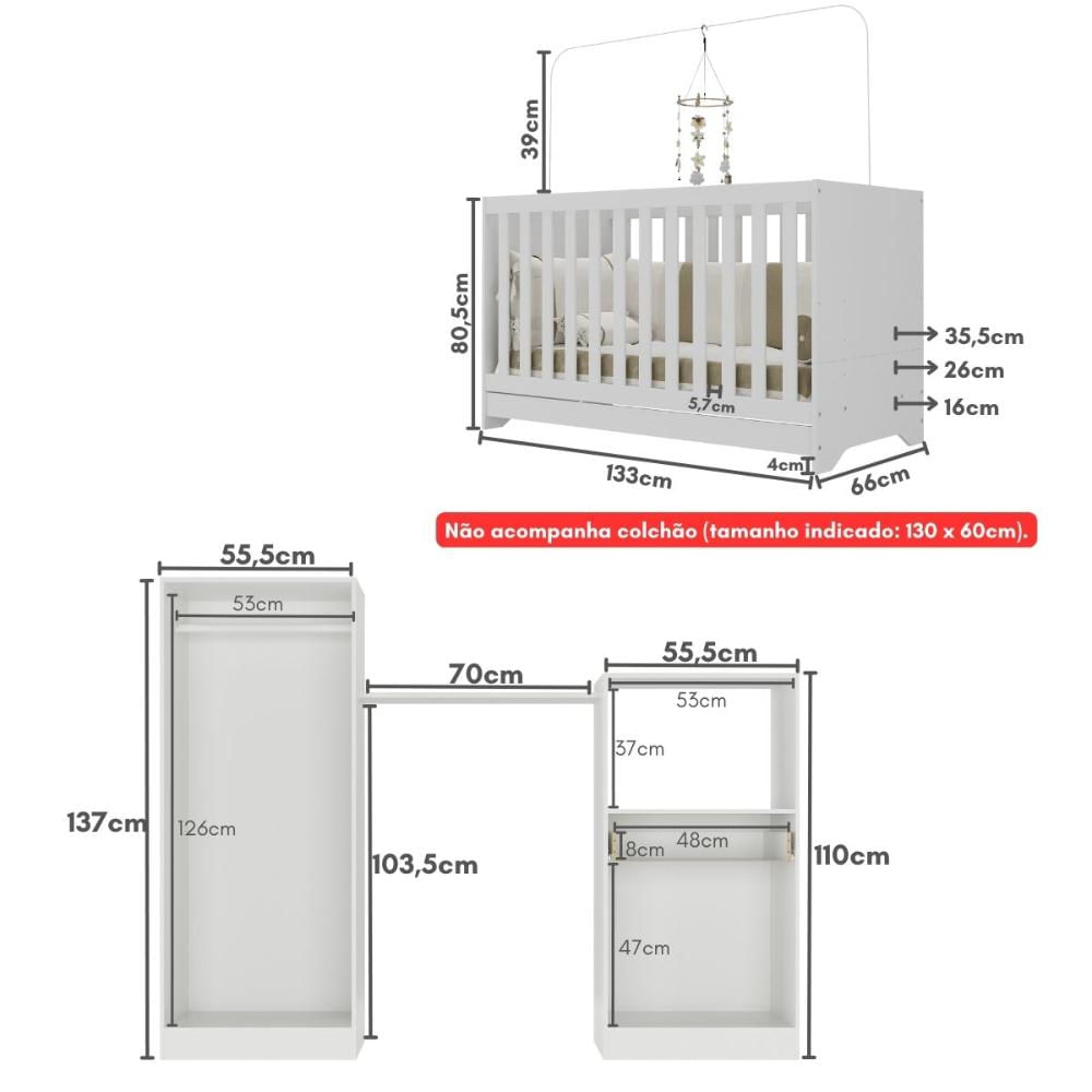Encontraproduto.com.br - Quarto Infantil com Berço 3 em 1 Luíza Multimóveis Branco