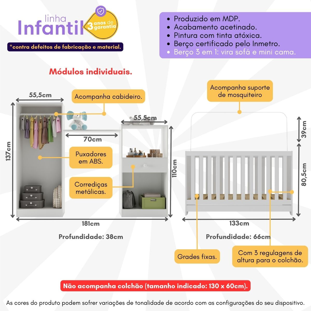 Encontraproduto.com.br - Quarto Infantil com Berço 3 em 1 Luíza Multimóveis Branco