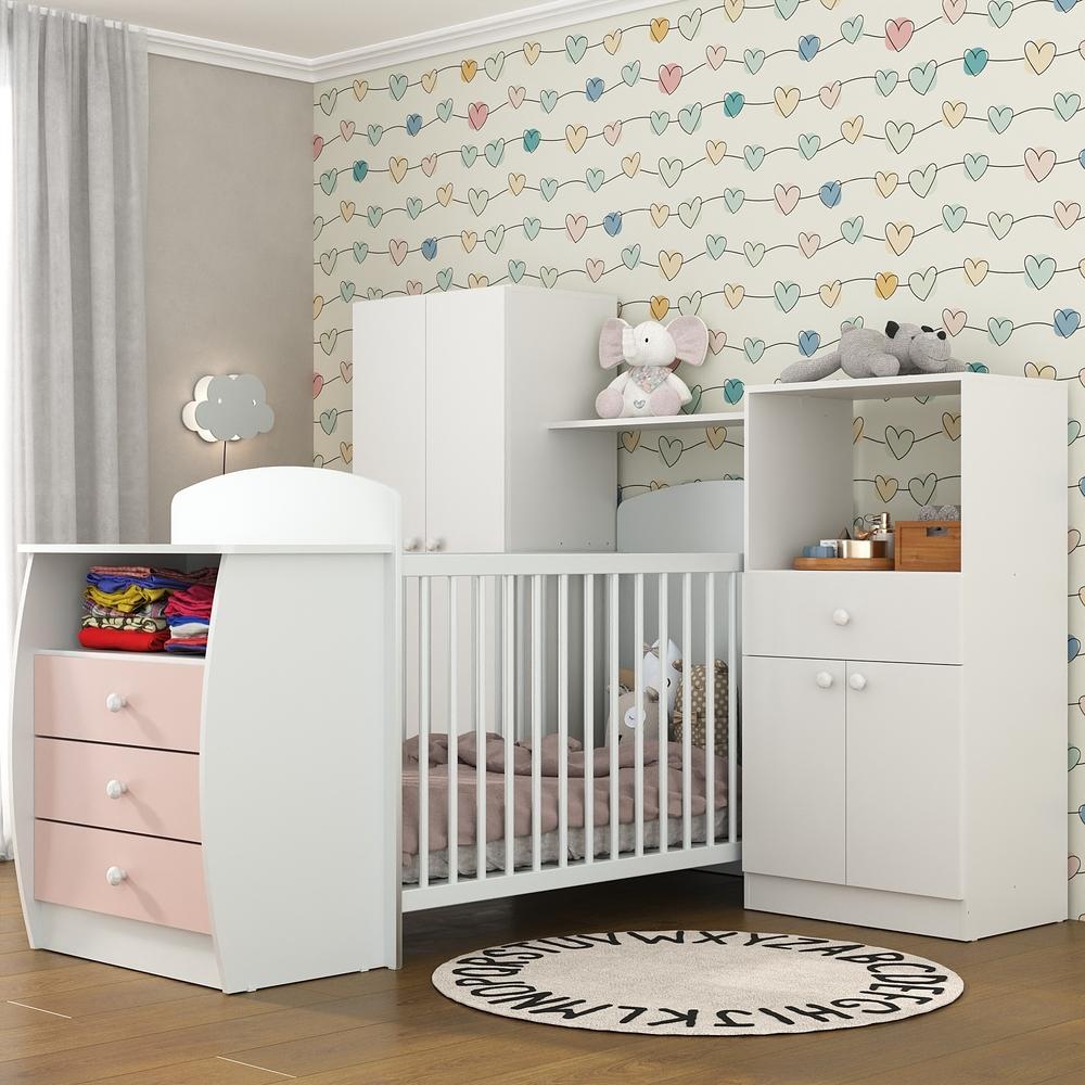 Encontraproduto.com.br - Quarto Infantil com Berço-Cômoda Laura Multimóveis Branco/Rosa