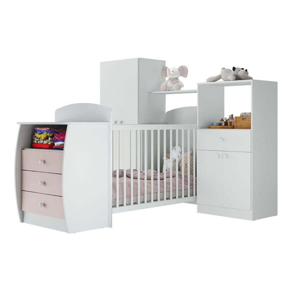 Encontraproduto.com.br - Quarto Infantil com Berço-Cômoda Laura Multimóveis Branco/Rosa