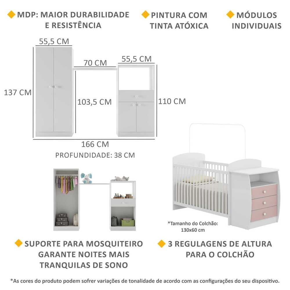 Encontraproduto.com.br - Quarto Infantil com Berço-Cômoda Laura Multimóveis Branco/Rosa